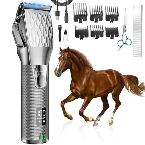 Rechargeable Horses Clippers, Cordless Pet Hair Trimmer Shaver with 6 Guide Guards, 2500mAh Large Battery Capacity Electric Grooming Kit for Livestock Animal Thick Coat, Light Weight 0.8lbs