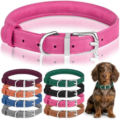 OOPSDOGGY Rolled Leather Dog Collar Reflective – Genuine Leather Round Dog Collar for Small Medium Large Dogs (Fuchsia, 12" – 15") - color: Fuchsia, size: 12" – 15"