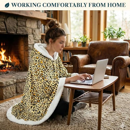 PAVILIA Hooded Blanket Poncho for Women Fleece Wearable Shawl Wrap, Cheetah | Fleece Shawl Wrap with Hood, Adult Wearable Blanket, Cozy Warm Poncho Cape Throw with Pockets, Gift for Elderly Mom - color: Cheetah