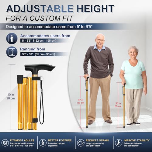 supregear Folding Cane, 5-Level Adjustable Height Walking Stick Lightweight Collapsible Portable Travel Cane with Wrist Strap and T Handle for Elderly Disabled Men Women - color: Gold