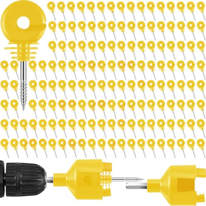 Sweetude 200 Pcs Electric Fence Insulator with 1 Pcs Insulator Socket Tool Screw in Ring Post Wood Post Electric Fence Ring with Socket Tool for Animal (Yellow) - color: Yellow