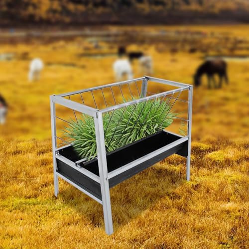 Hay Feeder, Livestock Feed Trough with 2-in-1 Hay and Grain Feeder, Heavy Duty Steel Frame and Deeper Pan Hay Rack, Feeding Station for Sheep, Calf, Cow, Horse, Goats for Pasture, Farm (Black) - color: Black