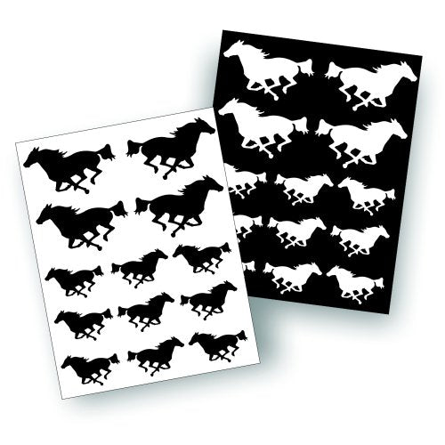 Sheets of Decals Stickers - Running Horse Horses for Car, Truck, Trailer, Stable or Tack Box - Black and White, 13 Per 8 1/2 x 11 Sheet