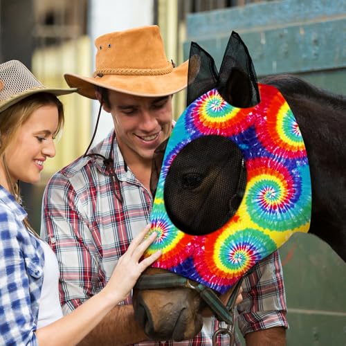 Frienda 4 Pcs Horse Fly Mask with Ears Mesh Comfort, Tie-dye, Large - size: Large