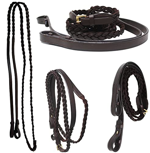 CHALLENGER 54" Full Horse English Braided Black Leather Reins 805LR01BK - color: Brown/Brass