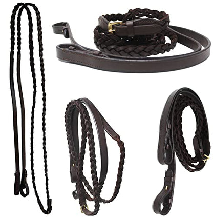 CHALLENGER 54" Full Horse English Braided Black Leather Reins 805LR01BK - color: Brown/Brass
