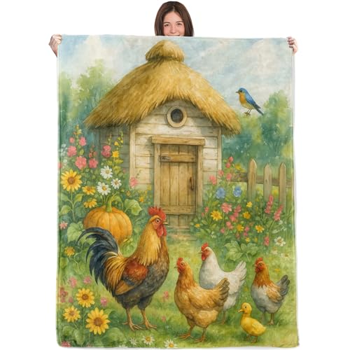 Farmhouse Rooster and Hen Blanket,40x50in,Cozy Flannel Throw with Rustic Barnyard Chicken Duck Flower Design,Soft Lightweight Gifts Blankets for Women,Sofa Bed Travel Country Decor - color: Chicken, size: 50"x40"