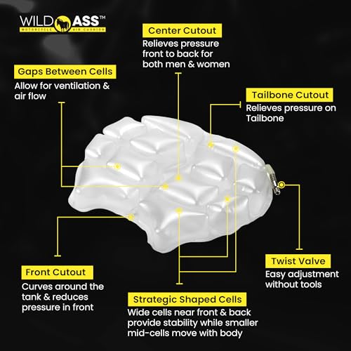 Wild Ass Saddle Lite - Motorcycle Air Gel Seat Pad, Ergonomic Air-Adjusting Cushion with Straps, Universal Fit for Ultimate Comfort & Relief, Cool Flow Motorcycle Accessory for Long Rides - Black - style: Lite