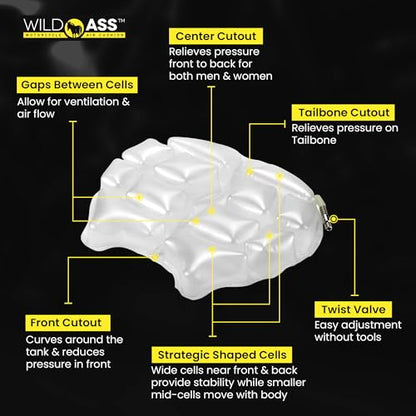 Wild Ass Saddle Lite - Motorcycle Air Gel Seat Pad, Ergonomic Air-Adjusting Cushion with Straps, Universal Fit for Ultimate Comfort & Relief, Cool Flow Motorcycle Accessory for Long Rides - Black - style: Lite