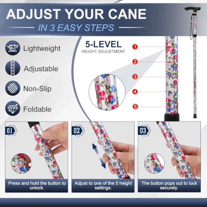 supregear Folding Cane, 5-Level Adjustable Height Walking Stick Lightweight Collapsible Portable Travel Cane with Wrist Strap and T Handle for Elderly Disabled Men Women - color: White Floral