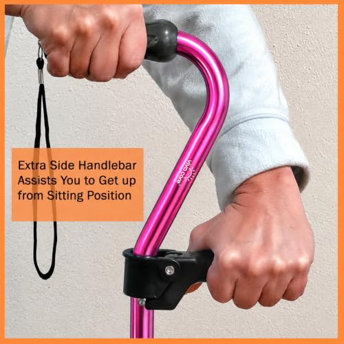 Walking Cane with 4 Prongs and Extra Side Handle – Adjustable, for Balance & Stability for Adults, Seniors, and Injured. - color: Pink