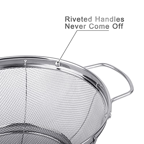 3 Pack 18/8 Stainless Steel Colander Sieves(5-Quart, 4-Quart and 3-Quart), Mesh Strainer Net Baskets with Handles & Resting Base for Strain, Drain, Rinse or Steam - size: 3 Qt. + 4 Qt. + 5 Qt.