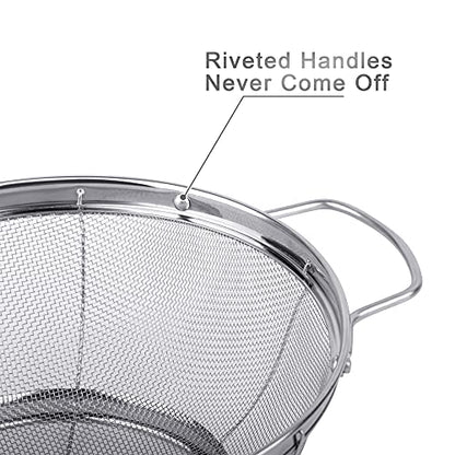 3 Pack 18/8 Stainless Steel Colander Sieves(5-Quart, 4-Quart and 3-Quart), Mesh Strainer Net Baskets with Handles & Resting Base for Strain, Drain, Rinse or Steam - size: 3 Qt. + 4 Qt. + 5 Qt.