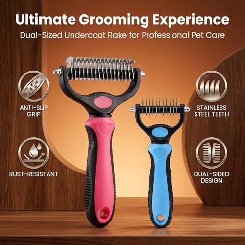 Dematting Comb for Dogs and Cats, Undercoat Rake Pet Brush for Long Hair, Deshedding Dog Brush Removes Tangles Knots and Loose Fur, Grooming Tool for Thick Coats (Blue M) - color: Blue M