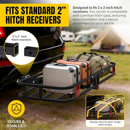 MaxxHaul 70107 53" x 19-1/2" Hitch Cargo Carrier - Trailer Mount Steel With High Side Rails For RV's, Trucks, SUV's, Vans, Cars 2" Receiver 500-lb Load Capacity , Black