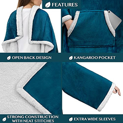 PAVILIA Sherpa Wearable Blanket with Sleeves and Pocket, Plush Thick Cozy Body Blanket Wrap for Adult Women Men, Christmas Gift for Wife Mom, Teal Blue - color: Sea Blue