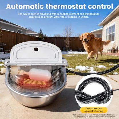 Heated Automatic Dog Water Bowl Dispenser Stainless Steel | Outdoor Heated Dog Bowl with Anti Chew Cord and Automatic Dog Water Dispenser for Dogs, Cats, Chicken, Ducks, Birds