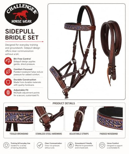 CHALLENGER Horse Western Leather Bitless Sidepull Bridle Split Reins 77RS25 - color: Brown/Purple