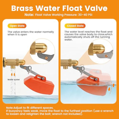 2 Pack Brass Float Valve 1/2 Inch, Auto Fill and Shut off, No Leakage | Water Float Ball Valve with Adjustable Arm, Pool Fill Float Valve for Water Trough,Fountains,Water Tank,Ponds,Aquariums - color: 1/2 in Orange