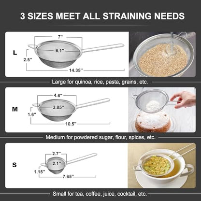 Walfos Fine Mesh Strainer Set of 3, Stainless Steel Wire Strainers for Kitchen, Multipurpose Metal Fine Sieve with Handle, Perfect for Food, Rice, Quinoa, 2.7", 4.6", 7" - size: 2.7", 4.6", 7" (3pcs)