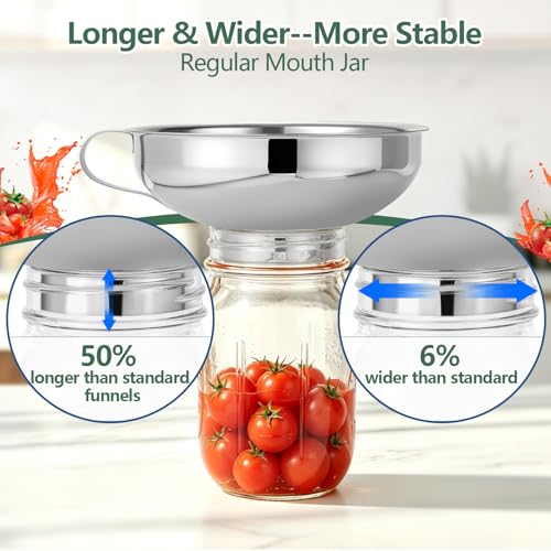 4-in-1 Canning Funnel Set, Stainless Steel Wide Mouth & Regular Funnels with Extended Stable Spout, Umbrella Strainer & Mesh Filter, Food-Grade Kit for Large Food, Jars, Oil, Kitchen Use