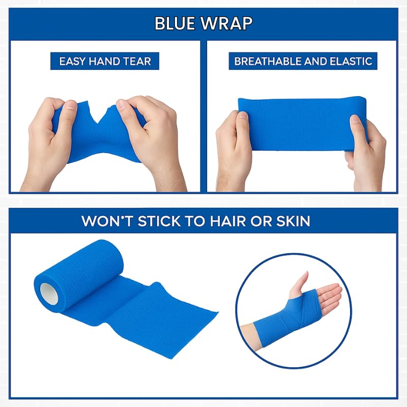 4" Cohesive Flexible Bandage Wrap – Blue - Pack of 4 | Self-Adherent Vet Tape for Animal Wound Care, Wrapping, and Support – Non-Slip, Breathable, Flexible Bandage for Livestock - color: Blue