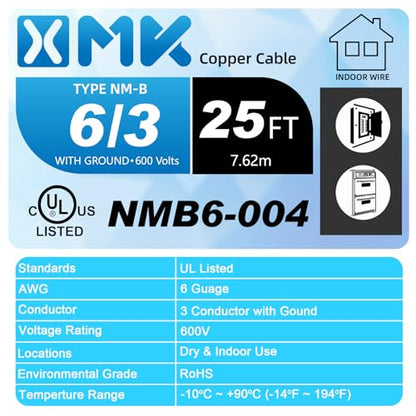 XMK NM-B 6/3 Wire with Ground,25ft 6/3 NM-B Wire Copper 6 AWG 3 Conductor - size: 25ft, style: 6 AWG-3 Conductor w/ Ground