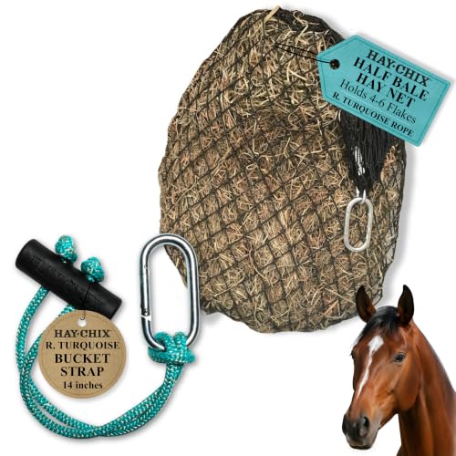 Hay Nets for Horses + Bucket Strap Bundle | 1- Half Bale Net 1 3/4” | Slow Feed Hay Bag Feeder and 1 - Bucket Strap for Hanging Water Bucket or for Barn Organization 14”, Redemption Turquoise