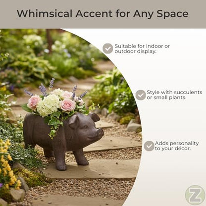 Zeckos Pig Planter 17 Inch Rustic Brown Smiling Garden Pot | Magnesium Oxide, Weather-Resistant, 8 by 5 by 5 Inch Interior for Succulents, Herbs, Or Grasses - color: Pig - Brown
