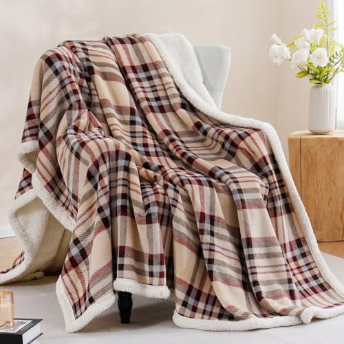 PU MEI Sherpa Fleece Throw Blanket 80" x 90" Reversible Plush Fluffy Large Big Blanket Lattice Flannel Blankets for All Season Use, Beige Stripe - color: Beige Stripe, size: 80"*90"