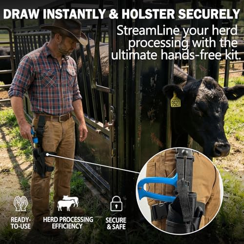 50mL Adjustable Repeater Syringe + Heavy Duty Belt Holster Continuous Injector (1-5mL) & Hands Free Carrier Bundle for Cattle, Sheep & Swine, Blue Syringe & Black Holster - color: 50mL Blue Syringe + Black Holster