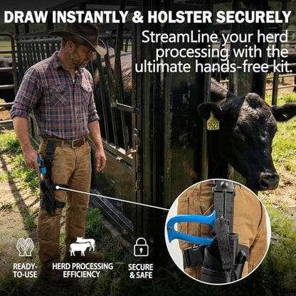 50mL Adjustable Repeater Syringe + Heavy Duty Belt Holster Continuous Injector (1-5mL) & Hands Free Carrier Bundle for Cattle, Sheep & Swine, Blue Syringe & Black Holster - color: 50mL Blue Syringe + Black Holster