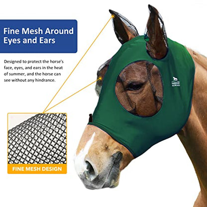 Harrison Howard Super Comfort Stretchy Fly Mask Large Eye Space with UV Protection Soft on Skin with Breathability Deep Green M Cob - color: Deep Green, size: Cob (Medium)