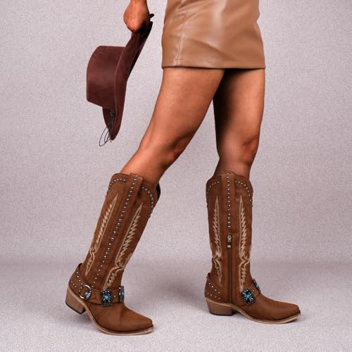 Yolkomo Cowboy Boots for Women Knee High Western Cowgirl Boots with Embroidery Belt Buckle Chains - color: Brown, size: 7