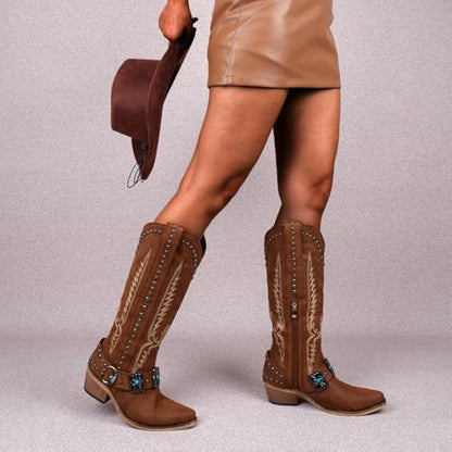 Yolkomo Cowboy Boots for Women Knee High Western Cowgirl Boots with Embroidery Belt Buckle Chains - color: Brown, size: 5