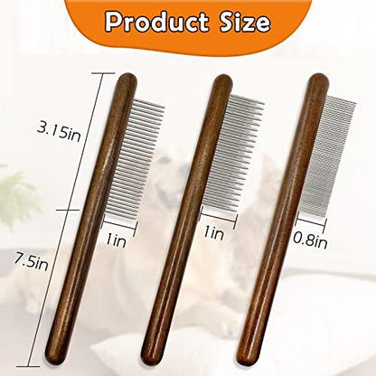 3 Pack Solid Wood Cat Combs, Stainless Steel Teeth for Cat Dog Rabbit Massage, Flea Lice Comb Removes Mats, Tangles and Loose Fur, Grooming Comb for Small Medium Pets