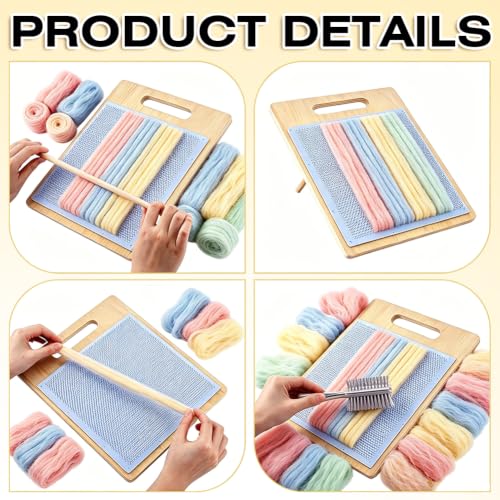 WADORN Wool Blending Board Carding Brush Set, Wool Hand Carders with Board and 4Pcs 2 Sizes Wooden Craft Sticks for Professional Blending and Finishing Yarn Fibers DIY Felt Needle Art Craft Projects