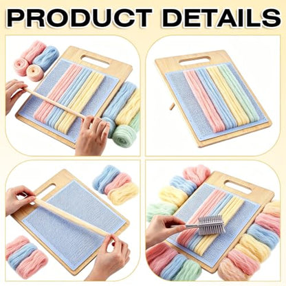 WADORN Wool Blending Board Carding Brush Set, Wool Hand Carders with Board and 4Pcs 2 Sizes Wooden Craft Sticks for Professional Blending and Finishing Yarn Fibers DIY Felt Needle Art Craft Projects