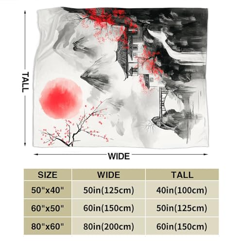 Japanese Throw Blanket Splash Red Cherry Blossom Gifts for Girls Women Men Boys Plush Cozy Flannel Fleece Fuzzy Landscape Blankets 60"X50" - color: Black Red, size: 60"x50"