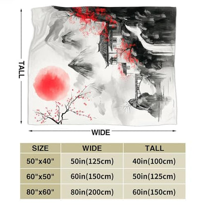 Japanese Throw Blanket Splash Red Cherry Blossom Gifts for Girls Women Men Boys Plush Cozy Flannel Fleece Fuzzy Landscape Blankets 60"X50" - color: Black Red, size: 60"x50"
