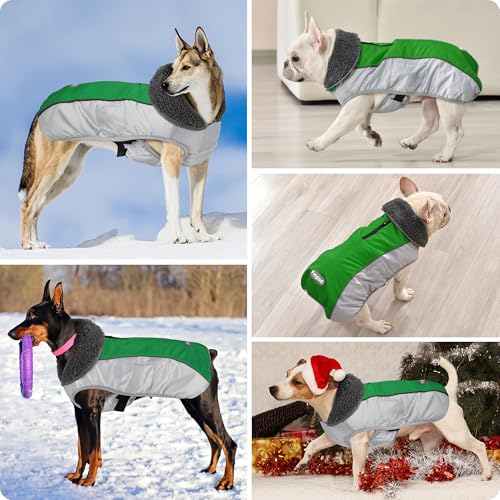 Petglad Dog Coat, Waterproof Ripstop Dog Winter Jacket with Leash Hole, Reflective Adjustable Warm Pet Fleece Snow Sweater for Small Medium Large Dogs - Green, 3XL - color: Green, size: 3XL