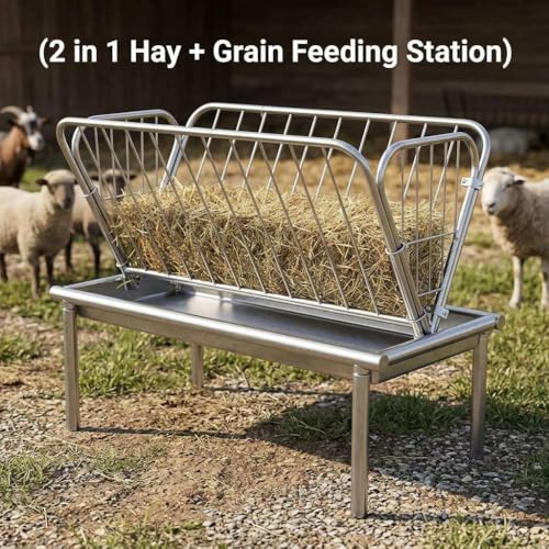 Heavy Duty Hay Rack and Grain Pan, 2 in 1 Livestock Feeder, Freestanding Farm Feeder. for Barn and Pen Feeding, Durable Galvanized Steel for Goats Sheep Calves