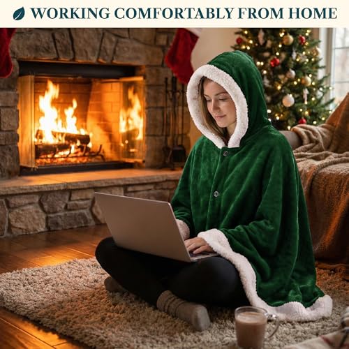 PAVILIA Hooded Blanket Poncho for Women, Fleece Wearable Shawl Wrap, Green | Fleece Shawl Wrap with Hood, Adult Wearable Blanket, Cozy Warm Poncho Cape Throw with Pockets, Gift for Elderly Mom - color: Green