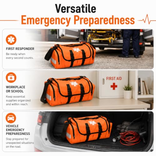 NOVAMEDIC Empty First Responder Bag, 15"x9"x8", Trauma First Aid Carries w/Multi Compartments for EMTs, Paramedics, Emergency and Medical Supplies Kit, Lightweight and Durable, Orange