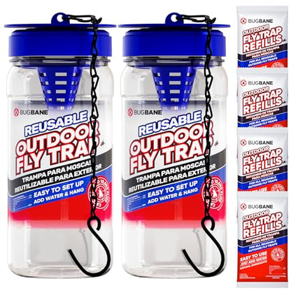 2 Fly Traps Outdoor Fly Trap for Patio with 4 Non-Toxic Dissolvable Bait Refills. Reusable Hanging Bug Catcher Killer for All Filth Flies for Outside Bug Control Yard Ranch. Hanging Chains Included. - style: 2pack