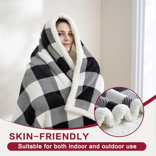 PU MEI Sherpa Fleece Throw Blanket 60" x 80" Reversible Plush Fluffy Large Big Blanket Lattice Flannel Blankets for All Season Use, Black and White - color: Black and White, size: 60"*80"