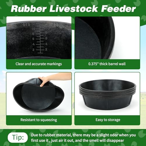 3Pcs Heavy Duty Rubber Feed Pan, 12Q/3Gal Horse Feed Bucket - color: Black-3 Pcs, size: 3Gal(12Q)