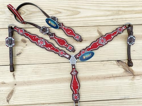 Western Leather Headstall & Breast Collar Set for Horses - Valentine’s Day Silver Metallic Cowhide with Rhinestones - color: Red