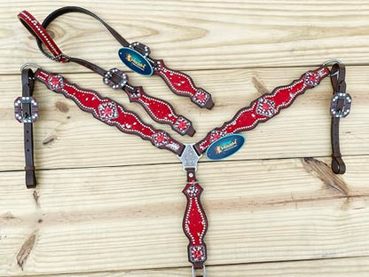 Western Leather Headstall & Breast Collar Set for Horses - Valentine’s Day Silver Metallic Cowhide with Rhinestones - color: Red