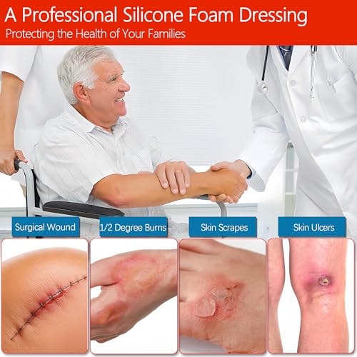 Silicone Foam Dressing, Waterproof Silicone Bandages, Heavy Exudate Wound Care Pads, High Absorbency Bed Sore Bandages Wound Care Dressing Pad 4"x4" 5 Packs